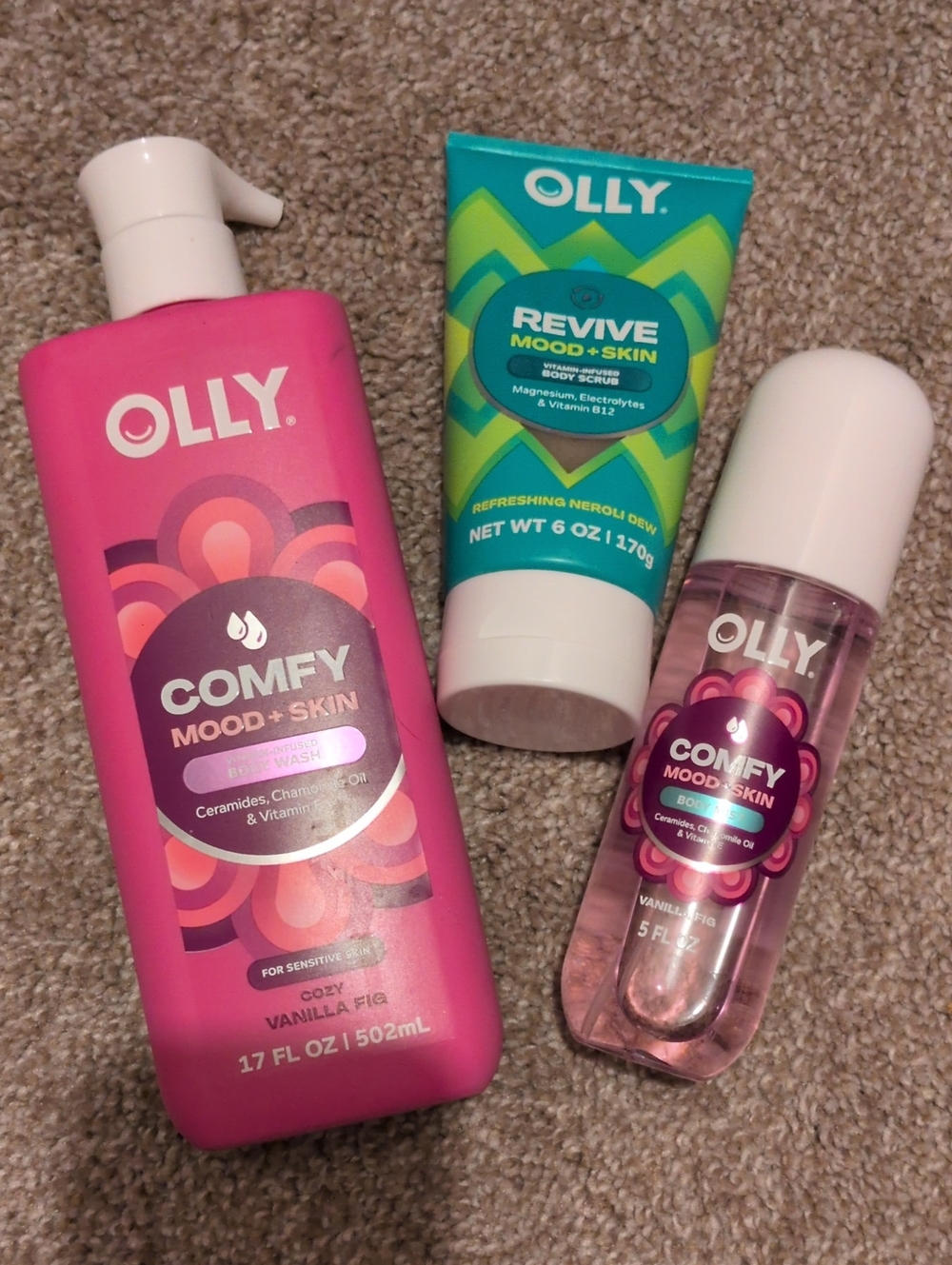 Olly Comfy Mood + Skin Body Wash & Mist And Revive Body Scrub